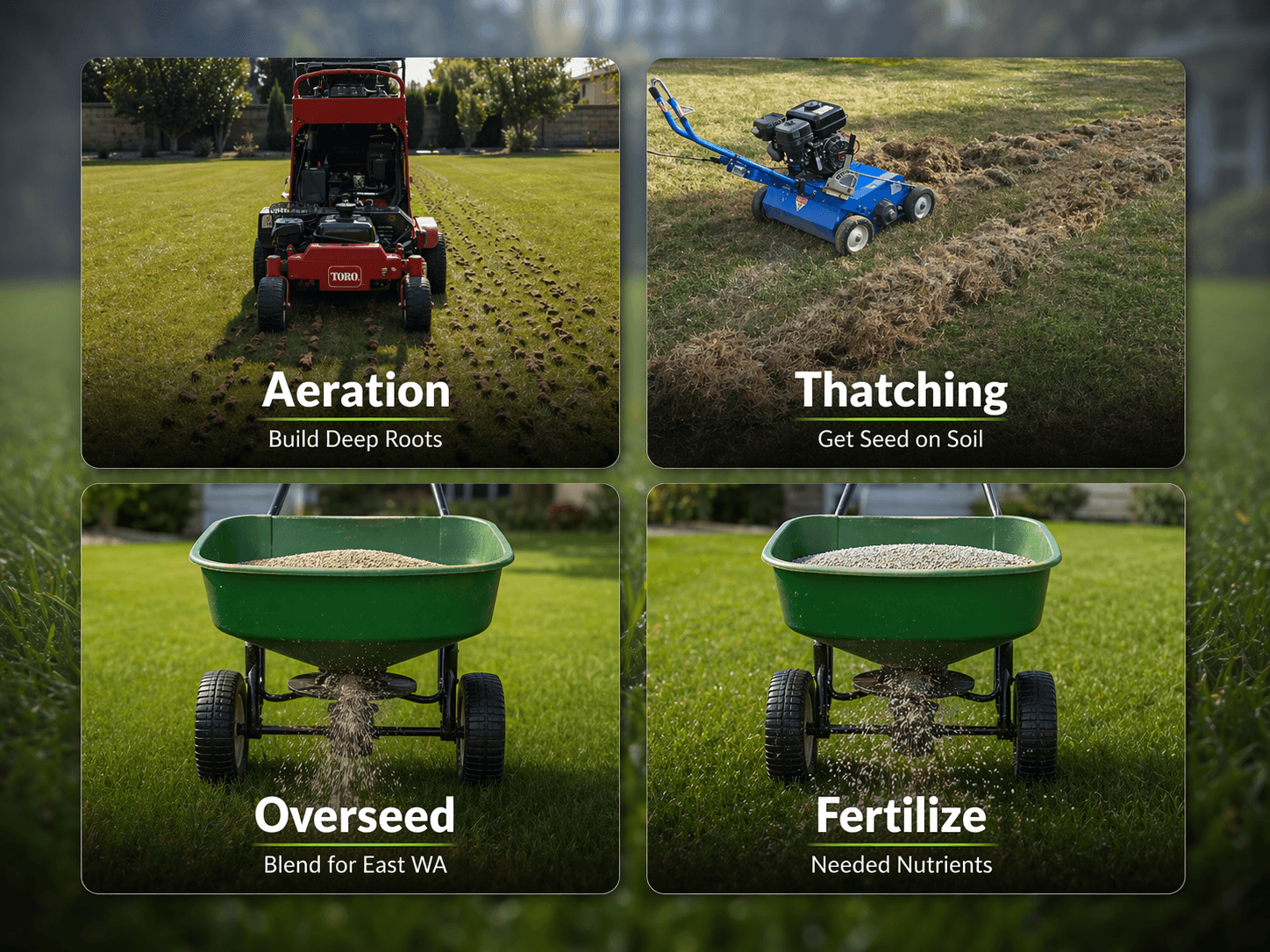 Aerate, Thatch (Dethatch), Overseed (add grass seed to lawn), Fertilize yard and grass - Tri-Cities