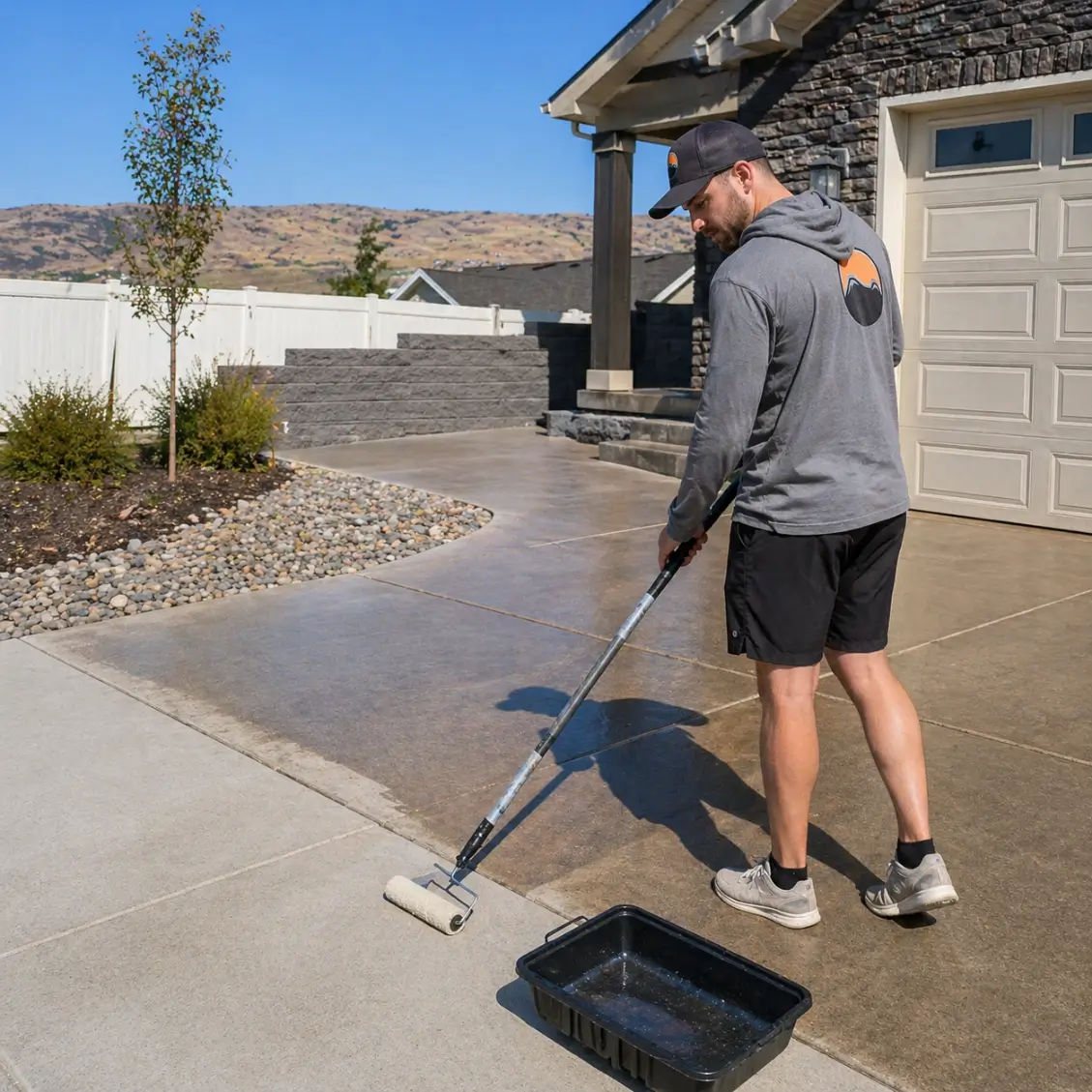 Concrete sealing. Appluying a sealer with roller or sprayer
